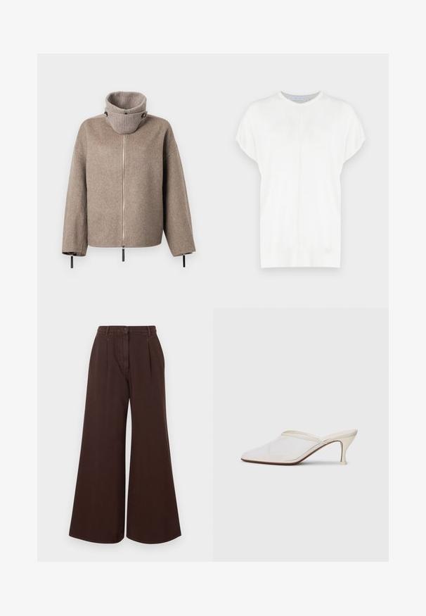 Jachetă dintr-un amestec de lână de culoare maronie, având un guler înalt, cu dungi, cu închidere prin fermoar și accente negre pe mâneci pentru o ajustare confortabilă.; Top alb cu maneci scurte din tricot, cu un decolteu rotund, având o textură netedă și detalii subtile de cusături în față.; Pantaloni maro cu talie înaltă, cu picioare largi, închidere cu nasture și fermoar, cu bucle pentru curea și pliseuri în față.; Mule alb cu plasă, cu vârf ascuțit, toc subțire de înălțime medie și design slip-on, pe un fundal simplu.