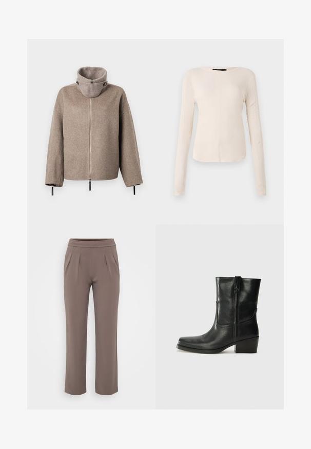 Hnědá vlněná bunda se směsí materiálů, s vysokým žebrovaným límcem, zipovým uzávěrem a černými akcenty na rukávech pro nastavitelný střih.; Dlouhý rukáv, světle béžový top s kulatým výstřihem. Vyrobeno z jemné látky, má středový šev a mírně zaoblený lem. Bez viditelné kovové úpravy.; Taupe volné kalhoty s elastickým pasem a předními záhyby, vyrobené z hladkého materiálu.; Černá kožená kotníková bota s kulatou špičkou, blokovým podpatkem, bočním zipem a prošíváním na svršku. Hladký povrch, klasický design.