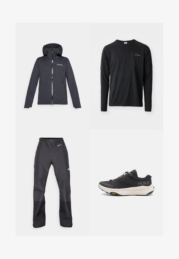 Čierna nepremokavá bunda s kapucňou, predným zipsom a dvoma bočnými vreckami. Má hladkú textúru a logo na hrudi.; Columbia COLUMBIA TECH™ LONG SLEEVE CREW - Top s dlhým rukávom - black; Čierne nepremokavé nohavice s hladkým povrchom, so značkou GORE-TEX na prednej strane a zosilnenými dolnými nohavicami pre väčšiu odolnosť.; Čierne športové topánky s textúrovaným zvrškom, sivými akcentmi, reflexnými detailmi a hrubou bielou podrážkou s logom Vibram.