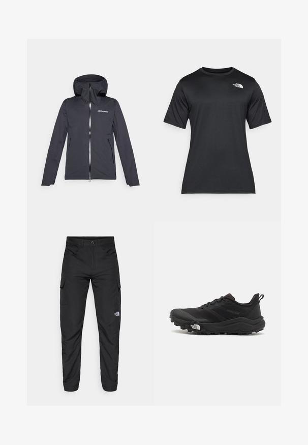Black waterproof jacket with a hood, front zipper, and two side pockets. Features a smooth texture and a logo on the chest.; Black short-sleeve t-shirt made of lightweight, moisture-wicking fabric. Features a white logo on the left chest and a crew neckline.; The North Face HORIZON PANT - Outdoor trousers - black; Black trail running shoe with a textured upper, rubber sole, and reinforced toe cap. Features a padded collar and pull tab for easy wear.