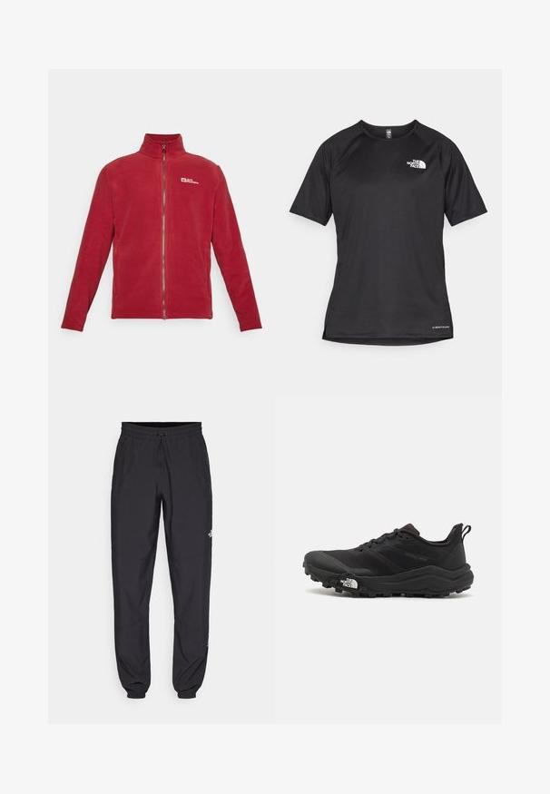 Rode fleecejack met een hoge kraag, volledige rits aan de voorkant en logo op de linkerborst. Zachte textuur met lange mouwen en zijzakken.; Zwarte sportshirt met korte mouwen van textuurstof, met een wit logo op de linkerborst en een rechte zoom.; Zwarte sportieve broek gemaakt van lichtgewicht stof, met een trekkoord in de taille, zijzakken en taps toelopende boorden bij de enkels.; Zwarte trailrunning schoen met een gestructureerde bovenkant, rubberen zool en versterkte neus. Voorzien van een gevoerde kraag en een trekhaak voor eenvoudig aan- en uittrekken.