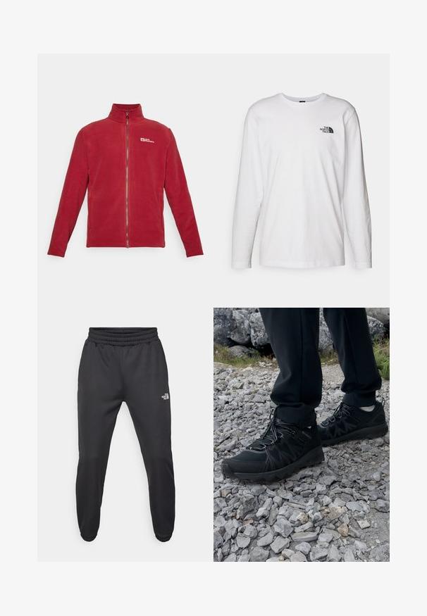 Rote Fleecejacke mit hohem Kragen, vollständigem Frontreißverschluss und Logo auf der linken Brust. Weiche Textur mit langen Ärmeln und seitlichen Taschen.; Weißes langärmliges T-Shirt aus Baumwolle mit Rundhalsausschnitt. Verfügt über ein kleines schwarzes Logo auf der Brust. Glatte Textur, reguläre Passform.; Schwarze Jogginghose mit verstellbarem Bund, schlanker Passform, elastischen Bündchen und einem kleinen weißen Logo am linken Oberschenkel, hergestellt aus glattem Stoff.; Schwarze Outdoor-Schuhe aus Mesh und synthetischem Material, mit einer strukturierten Oberseite, gesichertem Schnürsystem und griffiger Laufsohle, auf felsigem Gelände.