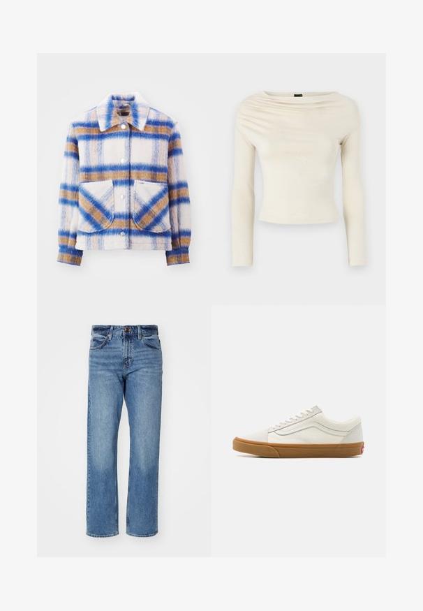 Peene, pehmeast tekstuuriga riidest jakki, millel on sinised, pruunid ja valged mustrid. Jakil on nupud ja kaks esikotti.; Gina Tricot Pikkade varrukatega topp - turtledove; Heledad sinine sirgejoonega teksad, mis on valmistatud denimist. Omab viit taskut, klassikalist nööpkinnitust ja kerget pleekimist kogu kangas.; Valged kanvas madala varrega jooksujalatsid, millel on kummist talla, ümar varvas, nööbiga sulgemine ja külgmisel nahast triibuline detail.