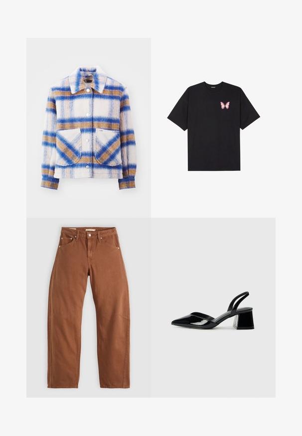 Rutet jakke laget av myk, teksturert stoff med blå, brun og hvite mønstre. Den har knappeåpninger og to frontlommer.; Svart bomulls T-skjorte med korte ermer, med en liten rosa sommerfugl grafikk på venstre bryst. Crew-neck design med en avslappet passform.; Rostbrune rett-skaftede jeans med front- og baklommer, metallnitter, knappeåpning og beltehemper, lagt flatt på en hvit bakgrunn.; Svarte patentlær slingback hæler med spiss tå og geometrisk blokk hæl. Har et stilrent, minimalistisk design og jevn tekstur.