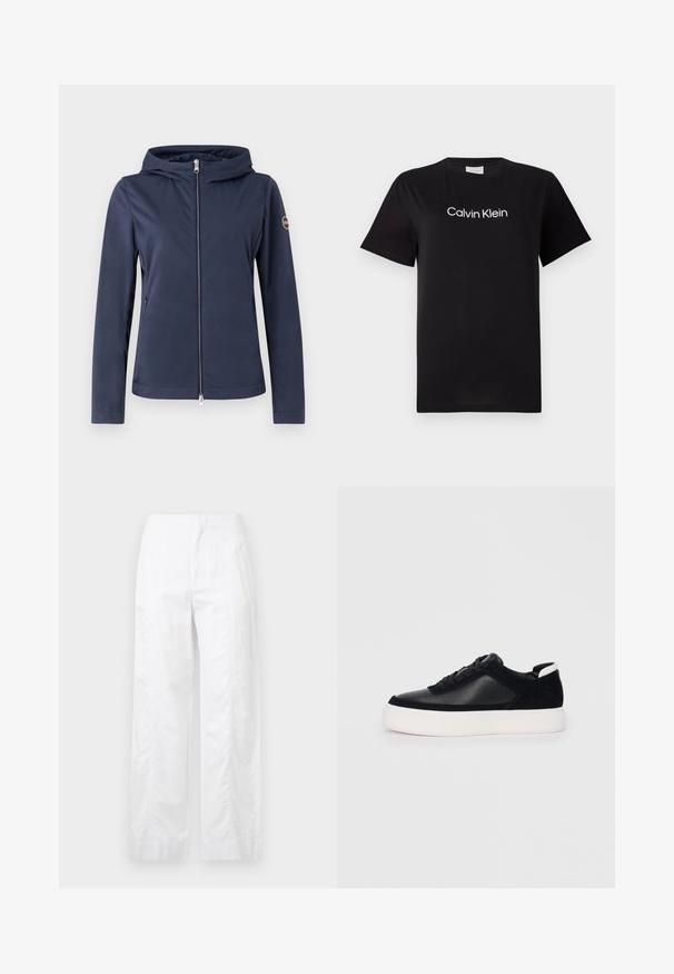 Casaco com capuz azul-marinho feito de um tecido liso e elástico; possui um fecho de correr na frente, bolsos laterais e um logotipo circular na manga esquerda.; T-shirt de algodão preto com mangas curtas, apresentando um logótipo branco "Calvin Klein" impresso na parte superior do peito. Design clássico de gola redonda.; Calças brancas de perna larga feitas de um tecido leve, com uma textura suave, linhas limpas e um design de cintura alta.; Sapatilha preta com painéis de pele lisa e camurça, atacadores planos, bico arredondado e sola de borracha branca. Logótipo distinto no calcanhar.