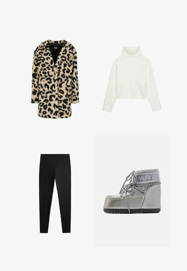 Leopárdmintás kabát büszke, fekete és barna színben, puha anyagból készült. Keresztbe gombolható gallérja van, valamint két elülső zsebe.; Fehér kötött garbó pulóver, cropped fazonnal, bordás ujjak és alj található rajta. Puha tapintású, kényelmes, vastag dizájnnal.; Fekete leggings sima, rugalmas anyagból. Széles derékpánt és szűkülő lábzárás jellemzi, alkalmas aktív vagy laza viseletre.; Ezüst vízálló csizma lekerekített formával, texturált felülettel és szürke fűzőkkel. Az üst felső részén hangsúlyos "MOON BOOT" logó található.