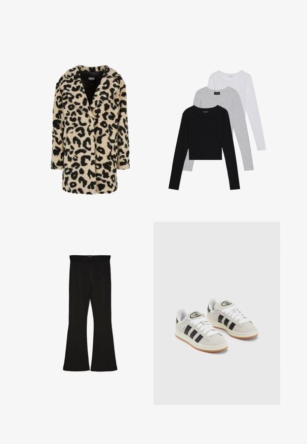 Bordo leopardų rašto paltas, pagamintas iš pūsto audinio. Jis turi apykaklę, dvigubos krūtinės dizainą ir dvi priekinės kišenes.; Trijų ilgomis rankovėmis marškinėlių krūva: juodas, pilkas ir baltas. Kiekvienas turi apvalų iškirpimą ir trumpą dizainą, pagamintas iš lygaus, lengvo audinio.; Juodos flared tipo legginsai, pagaminti iš tamprios medžiagos. Yra platus juosmuo ir lygus paviršius, su prie kūno priglundančiu siluetu, kuris pločiasi ties apatine dalimi.; Grynos zomšos sneakeriai su baltais raišteliais, juodomis juostelėmis ir balta gumine sole. Turintys apskritą logotipą ant liežuvėlio ir guminę sole.