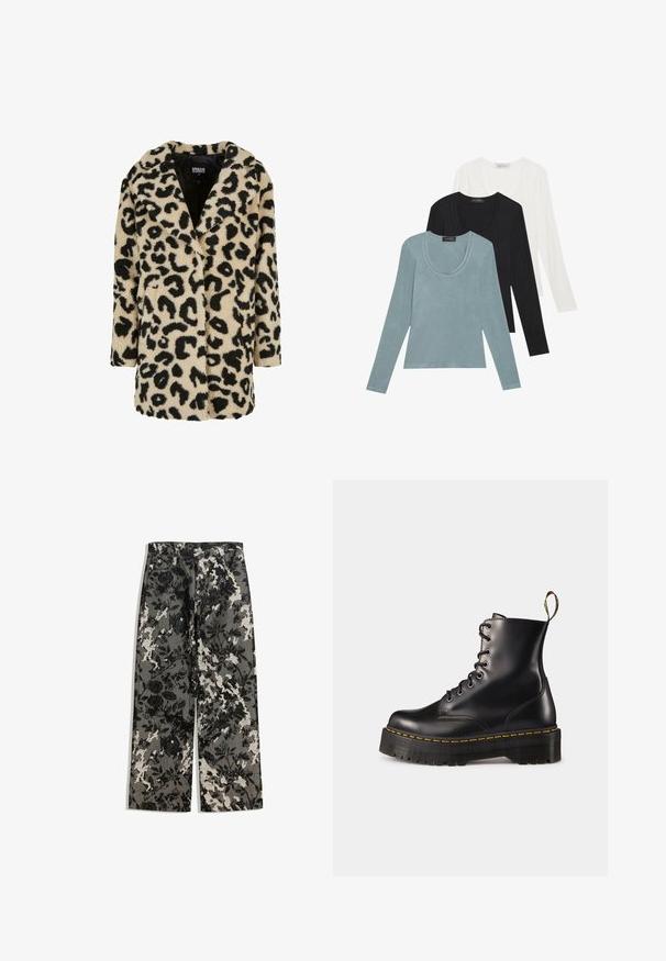 Kabát s leopardím vzorom v béžovej a čiernej farbe, vyrobený z plyšovej tkaniny. Má golier, dvojité gombíkové zapínanie a dva predné vrecká.; Tričko s dlhým rukávom v svetlomodrej, čiernej a bielej farbe. Dizajn obsahuje okrúhly výstrih a mäkkú, ľahkú textúru látky.; Polozované široké nohavice s textúrovaným čierno-bielym kvetinovým vzorom na šedom pozadí, s klasickým pásom a prednými vreckami.; Čierne kožené členkové topánky na šnurovanie s masívnou čiernou podrážkou a žltým prešitím. Obsahujú pútko na zadnej strane a okrúhle kovové očká.