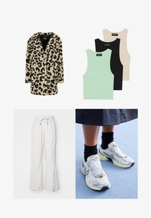 Kabát s leopardím potiskem v barvách písku a černé, vyrobený z měkkého materiálu. Má límec, dvojité zapínání a dvě přední kapsy.; Tři tílka v mátové zelené, černé a béžové barvě; vyrobená z žebrované látky s kulatým výstřihem a bez rukávů. Viditelná značková etiketa.; Světle šedé cargo kalhoty vyrobené z texturované tkaniny, s elastickým pasem na šňůrku, bočními kapsami a zipy na kotnících.; Bílé a stříbrné tenisky Nike z prodyšné tkaniny s reflexními akcenty a béžovou podrážkou. Nosené s černými ponožkami, stojící na modrém povrchu.
