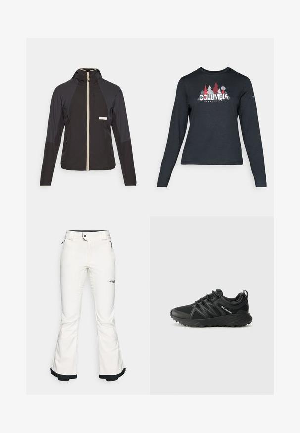 Melnā jaka ar rāvējslēdzēju un kapuci, ar bēša krāsas rāvējslēdzēju, kontrastējošiem plecu paneļiem un krūšu kabatu. Izgatavota no viegla auduma.; Tumšs pelēks krekls ar garām piedurknēm, ar grafiku, kurā attēloti sarkani koki un kalni; "COLUMBIA" logo treknā baltā tekstā. Mīksta auduma, standarta apaļa kakla izgriezums.; Baltas slēpošanas bikses, kas izgatavotas no mīksta, elastīga materiāla. Aizdare ir pielāgota viduklim, plašas, izplestas kājas un melns apdare pie piedurknēm. Redzams zīmola logo.; Columbia PEAKFREAK - Pārgājienu apavi - black