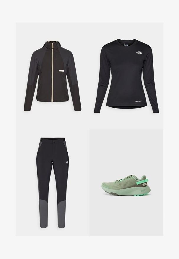 Sort zip-jakke med hætte, der har en beige lynlås, kontrasterende skulderpaneler og en brystlomme. Lavet af letvægtsstof.; The North Face SHADOW LONG SLEEVE - Langærmet T-shirt - black; Sorte udendørsbukser med grå detaljer, der har et tætsiddende design, elastisk talje, lynlåslommer og holdbart, letvægtsmateriale.; Grønne atletiske sko med mesh-overdel, strukturerede overlays og en tyk gummisål. Har en trække-strop og logo-detalje på hælen.