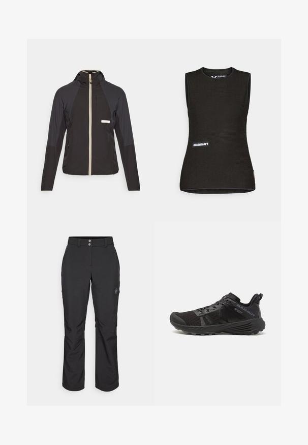 Mustaga tõmblukuga jakk kapuutsiga, millel on beež tõmblukk, kontrastsete õlavarrepaneelide ja rinnataskuga. Valmistatud kergest kangast.; Mustat ilmaäratavad särk ilma varrukateta, millel on tekstuuriga muster, ümmargune kaelus ja esiküljel "MAMMUT" logo. Valmistatud hingavast materjalist.; Mustad mustad püksid sirge lõikega, millel on nööbiga kinnitamine, lukuga küljetaskud ja logomärk vasakul reiel.; Mustmustel mustuskead tekstureeritud võrgu pealmise osaga, tugevdatud varbalae ja kummist tallaosaga. Omab nöörimise süsteemi ja logo detailimist küljel.