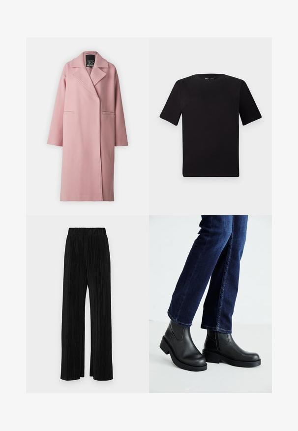 SOMETHINGNEW SNMICHELLE COAT - Casaco clássico - pink nectar; T-shirt preta de mangas curtas com decote redondo, feita de tecido de algodão suave. Design simples, sem logótipos ou padrões visíveis.; Calças pregueadas pretas com uma cintura elástica. Apresentam pernas largas e um tecido liso, texturizado com riscas verticais.; Botas de tornozelo de couro preto com sola grossa e painéis elásticos laterais, combinadas com jeans azul escuro. O chão é de cor clara.