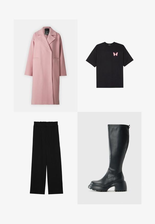 SOMETHINGNEW SNMICHELLE COAT - Klasisks mētelis - pink nectar; Melna kokvilnas T-krekls ar īsām piedurknēm, kuram priekšā kreisajā pusē ir neliels rozā tauriņa grafiskais attēls. Ar apaļu kaklu un brīvā stila piegriezumu.; Melnas platās bikses ar volangām jostasvietā, ar divām sānu kabatām un gludu, vieglu audumu. Nav redzamu rakstu vai aksesuāru.; Augstas melnas ādas zābakus ar masīvu platformu un bloka papēdi, ar vilkšanas cilpu un strukturētu profilu uz ārējā zoles.