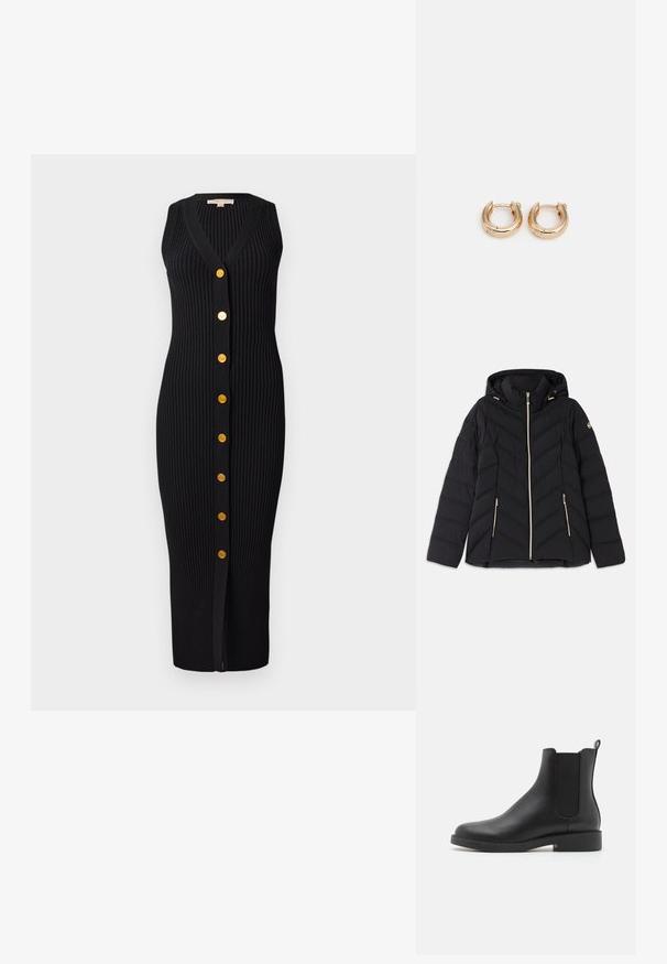 Musternokas musta puffer jakku kapuutsiga. Omab chevroni tikandeid, lukuga esist ja kahte lukuga küljetaskut. Kuldsed aksessuaarid lukudel.; Mustmust värvi ribakudumine kleit V-kaelusega, ilma varrukateta disain ja kuldse tooni nupud esiküljel, millel on voolujoonekujuline siluett.; Must have mustanvarvas nahast ankle boot elastsete külgpaneelidega, ümmargune varvas, madal ploki konts ja tagaküljel tõmbeosa, mis teeb jalga panemise lihtsaks.; Kullatud rõngaste kõrvarõngad, millel on poleeritud viimistlus, pakuvad paksu ringikujulist disaini ja kindlat sulgemismehhanismi. Sile tekstuur ja läikiv välimus.