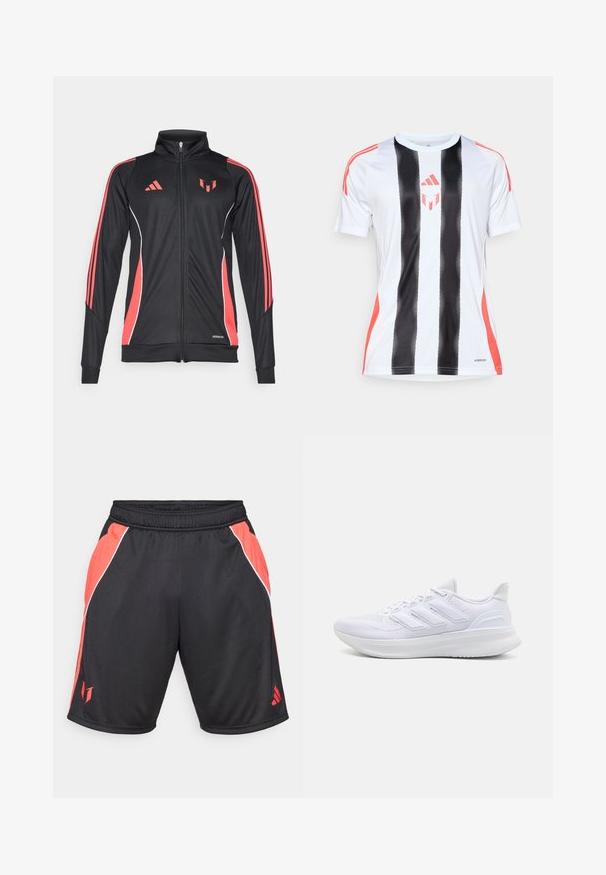 Zwarte sportjack met rode accenten, ritsluiting, hoge kraag en witte piping. Bevat drie verticale strepen op de mouwen. Aeroready branding zichtbaar.; Witte sporttrui met zwarte verticale strepen en rode accenten op de schouders. Voorzien van AeroReady-technologie voor vochtregulatie.; Zwarte sportshorts met rode zijpanelen, witte accentpiping, een elastische tailleband en een logo op het onderste deel van het linkervoet.; Witte sportschoenen met een gestructureerde mesh bovenkant, een ondersteunende gevoerde zool en een ontwerp met drie strepen aan de zijkant.