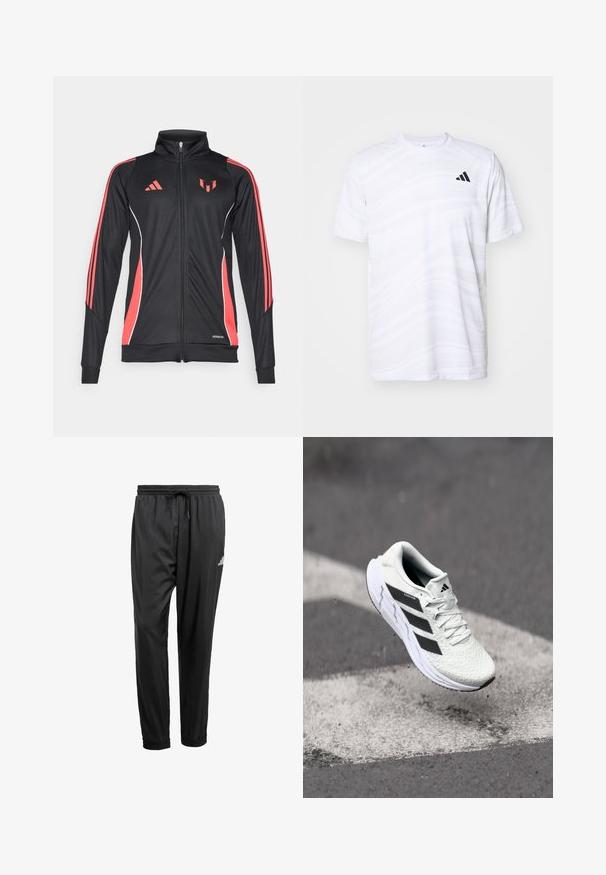 Zwarte sportjack met rode accenten, ritsluiting, hoge kraag en witte piping. Bevat drie verticale strepen op de mouwen. Aeroready branding zichtbaar.; Witte sportt-shirt met een subtiel golvenpatroon, ronde hals, korte mouwen en een zwart logo met drie strepen op de linkerbovenborst.; Zwarte sportbroek met elastische tailleband, trekkoord, aangesloten enkels en een klein wit logo op de rechterdij.; Witte sportschoen met een textuur van mesh, zwarte strepen, vetersluiting en een gevoerde zool, zwevend boven een gemarkeerd wegoppervlak.