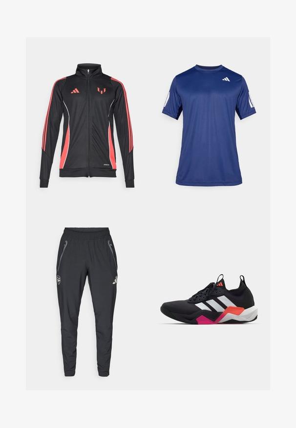 Černá sportovní bunda s červenými akcenty, zipovým uzávěrem, vysokým límcem a bílým lemováním. Obsahuje tři vertikální pruhy na rukávech. Značka Aeroready.; Námořnicky modré sportovní tričko s krátkým rukávem z hladké tkaniny, s kulatým výstřihem a bílým logem na levém horním prsu.; adidas Performance ARSENAL FC TIRO25 COMPETITION VIS TECH TRAVEL PANT - Klubové oblečení - black; Černá sportovní bota s bílými pruhy, texturovaným svrškem a robustní podešví, která má oranžové, růžové a bílé akcenty. Šněrovací design s poutkem.
