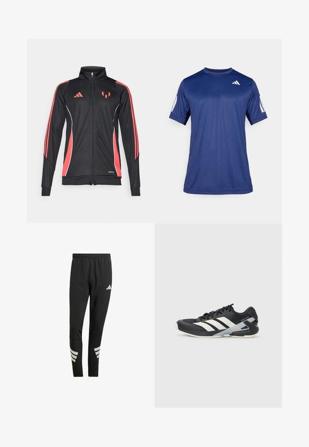 Crna sportska jakna s crvenim detaljima, zatvaranje na zip, visoki ovratnik i bijela obruba. Ima tri vertikalne pruge na rukavima. Prikazano Aeroready brendiranje.; Temno plava kratka majica s kratkim rukavima za sport, izrađena od glatkog materijala, sa okruglim izrezom i bijelim logotipom na gornjem lijevom dijelu grudi.; Crne sportske hlače s elastičnim pojasom, s reflektirajućim bijelim akcentima u prugastom uzorku na donjim dijelovima nogavica. Izrađene od glatkog materijala.; Crne atletske cipele s bijelim prugama, mrežasta gornja strana, zaobljeni prst i podstavljeni đon. Imaju teksturiranu petu i siguran sustav vezivanja.
