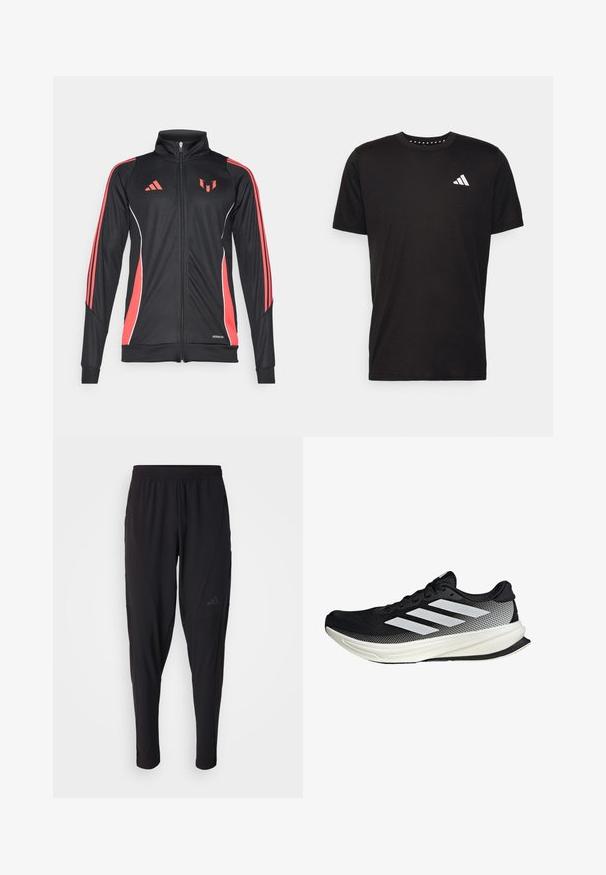 Sort atletisk jakke med røde accenter, lynlås lukning, høj krave og hvide piping. Har tre lodrette striber på ærmerne. Aeroready branding vist.; Sort bomulds T-shirt med korte ærmer, rund hals og et hvidt logo på venstre bryst. Glat tekstur og enkelt design.; Sorte træningsbukser med elastisk talje, tætsiddende design, sidelommer og diskret logo-detail. Fremstillet af fleksibelt, åndbart stof.; Sort atletisk sko med mesh-design, der har hvide striber, en rund tå og en tekstureret sål for greb og støtte.