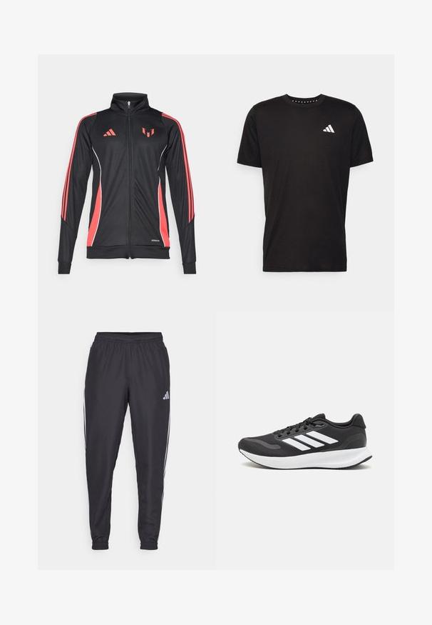Black athletic jacket with red accents, zip closure, high collar, and white piping. Features three vertical stripes on sleeves. Aeroready branding displayed.; Black cotton t-shirt with short sleeves, crew neckline, and a white logo on the left chest. Smooth texture and simple design.; Black athletic pants with an elastic waistband, featuring white stripes along the sides and a small logo on the hip. Smooth texture.; Black athletic shoe with breathable mesh upper, white accents, and a cushioned sole. Features three stripes logo on the side.