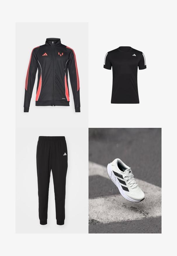 Zwarte sportjack met rode accenten, ritsluiting, hoge kraag en witte piping. Bevat drie verticale strepen op de mouwen. Aeroready branding zichtbaar.; Zwart sportshirt met korte mouwen, gemaakt van gladde stof, met witte accentstrepen op de schouders en een klein logo op de borst.; Zwarte sportbroek met een elastische tailleband, geaccentueerde enkels en een wit Adidas-logo op de linkerdij. Gemaakt van lichtgewicht, glad materiaal.; Witte sportschoen met een textuur van mesh, zwarte strepen, vetersluiting en een gevoerde zool, zwevend boven een gemarkeerd wegoppervlak.
