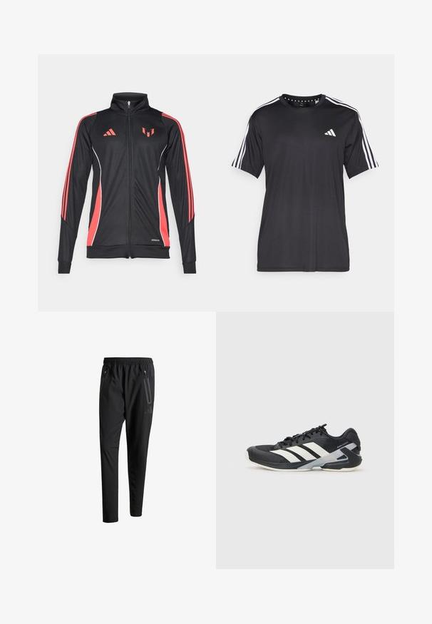Jachetă sport neagră cu accente roșii, închidere cu fermoar, guler înalt și detalii albe. Prezentă trei dungi verticale pe mâneci. Branding Aeroready afișat.; Tricou negru cu mânecă scurtă, cu un design cu trei dungi albe pe umeri și logo pe piept. Fabricat dintr-un material breathable, cu o textură fină.; Pantaloni atletici negri cu talie elastică, două buzunare laterale cu fermoar, picioare conice și un detaliu logo discret pe șold.; Pantofii sport negri cu dungi albe, superior din plasă, vârf rotunjit și talpă îmbunătățită pentru amortizare. Au o călcătură texturată și un sistem de șireturi securizat.