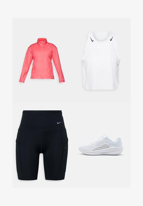 Nike Performance FAST - Windbreaker - aster pink; White sleeveless tank top made of lightweight fabric, featuring black Nike logo accents on shoulders, round neckline, and relaxed fit.; Black high-waisted athletic shorts made of stretchy material; features side pockets and a small Nike logo on the waistband.; White athletic shoe with mesh upper, rounded toe, and textured sole. Features a silver Nike swoosh and minimalistic design.