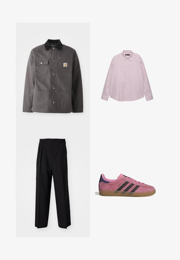 Temno siva delovna jakna s žametinim ovrатnikom, dvema sprednjima žepe, pritisnimi gumbi in našitjem logotipa na levem prsnem delu.; Svetlo roza srajca z gumbi, z navpičnimi modrimi črtami, ovratnikom, dolgimi rokavi in ohlapnim krojem. Izdelana iz gladkega materiala z rahlim leskom.; Črne nabirane hlače s ravnim, širokim krojem. Narejene so iz gladkega materiala in imajo zadrgo ter pasne zanke.; Roza semišna tenisača z črnimi stripe, gumijastim podplatom in teksturiranim vijoličastim petnim delom. Ima vezalni dizajn in embosirano blagovno znamko na strani.