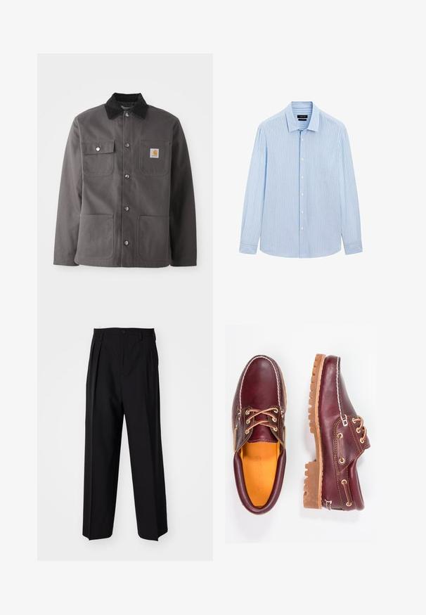 Dunkelgraue Arbeitsjacke mit einem Cordkragen, zwei Fronttaschen, Druckknöpfen und einem Patch-Logo auf der linken Brust.; Hellblaues Button-up-Hemd mit vertikalen weißen Streifen, langen Ärmeln, kragenähnlichem Ausschnitt und geradem Saum. Baumwollmischgewebe.; Schwarze, plissierte Hose mit geradem, weitem Bein. Hergestellt aus glattem Stoff, mit Knopfverschluss und Gürtelschlaufen.; Bordeauxfarbene Lederschuhe mit braunen Gummisohlen, runder Zehenform, weißen Nähten und goldenen Ösen. Das Innenfutter weist eine gelbe Beschichtung auf.