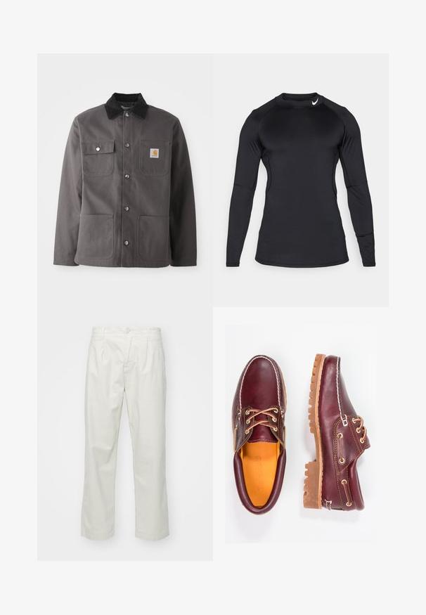 Tummanharmaa työtakki, jossa on kordurainapehmuste, kaksi etutaskua, nepparit sekä logopatchi vasemmassa rinnassa.; Musta pitkähihainen urheilu paita, joka on valmistettu sileästä, joustavasta kankaasta. Paidan kaula-aukko on pyöreä, ja siinä on huomaamaton logo vasemmassa yläkulmassa.; Vaaleanbeiget puuvillahousut suoranlahkeisella leikkauksella, joissa on nappisuljenta, vyölenkit ja etupleuutit lisäämään rakennetta.; Burgundin nahkakengät ruskeilla kumipohjilla, pyöreällä kärjellä, valkoisella ompelulla ja kultaisilla nauha-aukkoilla. Sisäpuolella on keltainen vuori.