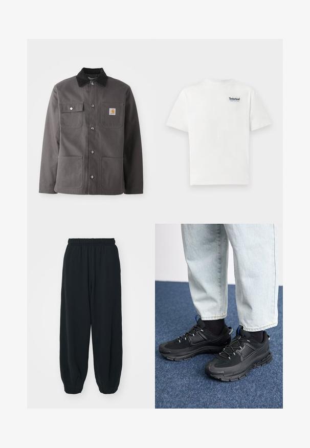 Tmavohnedá pracovná bunda s kordovou golierom, dvoma prednými vreckami, patentkami a nášivkou loga na ľavej hrudi.; Biele bavlnené tričko s modrou vyšívanou značkou "Timberland Rugged Active Gear" na ľavej hornej strane hrudi. Krátke rukávy a okrúhly výstrih.; Čierne tepláky s elastickým pásom, vo voľnom strihu, s manžetami na členkoch, hladkej textúry a bez viditeľných vzorov alebo kovových doplnkov.; Čierne športové topánky s textúrovanou tkaninou a gumovou podrážkou, so elastickými šnúrkami a modrým akcentom na päte. Nosia sa s svetlými riflami.