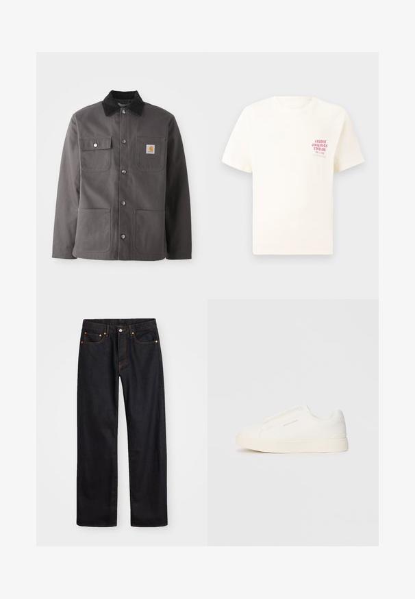 Tamsiai pilka darbo striukė su velveto apykakle, dviem priekinėmis kišenėmis, spaudėmis sagomis ir uždaru logotipu kairėje krūtinės pusėje.; Balta trumpa rankovėmis marškinėliai su raudonu užrašu "Studio Originals Edition" kairiajame krūtinės šone, rodomi neutralioje pilkoje aplinkoje.; Vyrų tiesaus kirpimo juodi džinsai iš denim medžiagos, su penkiomis kišenėmis ir oranžinėmis siūlėmis, su mygtuko ir užtrauktuko uždarymu ant priekio.; Baltos slip-on sportbačiai su tekstūruota paviršiumi, storesniu padu ir minimalistišku dizainu. Šone matosi prekės ženklo logotipas.