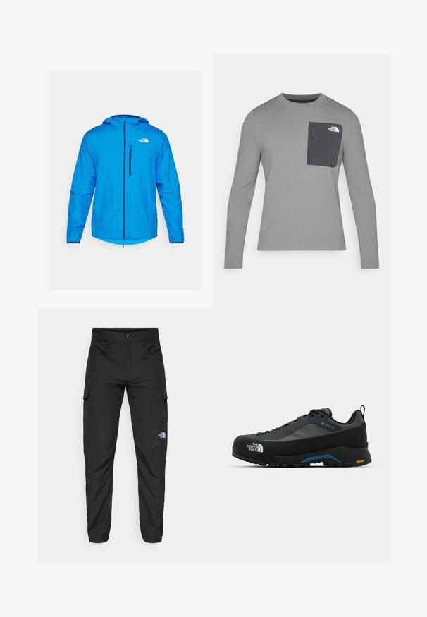 Sinine kerge jope kapuutsiga, ees lukuga ja logo vasakul küljel. Sujuv tekstuur ja elastsed varrukad, ideaalne väljas kasutamiseks.; Pikacitega hall pikka varrukaga särk, millel on tekstuuriga kangas, tumeda halli rinnataskuga ja tõmblukuga. Taskul valge logo.; The North Face HORIZON PANT - Õuepüksid - black; The North Face VERTO ALPINE GORE TEX - Matkajalatsid - asphalt grey/tnf black