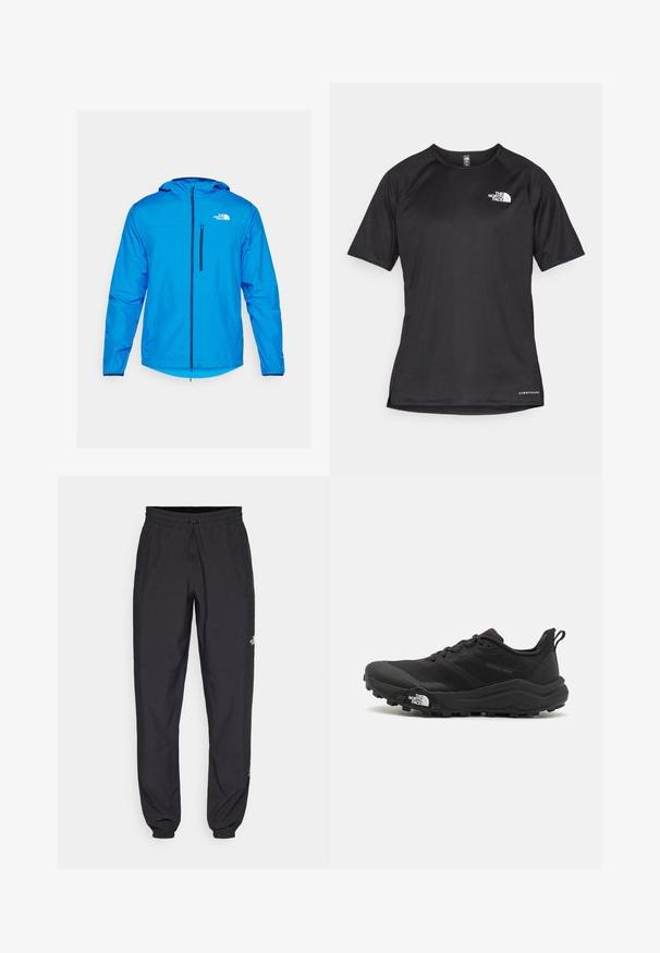 Modrá ľahká bunda s kapucňou, predným zipsom a logom na ľavej strane. Hladká textúra a elastické manžety, ideálne na vonkajšie použitie.; Čierne športové tričko s krátkym rukávom z texturovanej látky, s bielym logom na ľavej hrudi a rovným lemom.; Čierne športové nohavice vyrobené z ľahkej tkaniny, s elastickým pásom na šnurovanie, bočnými vreckami a zúženými manžetami na členkoch.; Čierne trailové behacie topánky s štruktúrovaným zvrškom, gumovou podrážkou a vystuženou špičkou. Obsahuje polstrovaný golier a úchyt na jednoduché obúvanie.