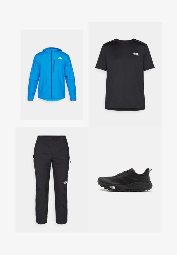 Jachetă ușoară albastră cu glugă, închidere cu fermoar frontal și logo pe partea stângă. Textură netedă și manșete elastice, ideală pentru utilizare în aer liber.; Tricou negru cu mânecă scurtă, realizat dintr-un material ușor. Prezintă un mic logo alb pe pieptul stâng și accente subtile pe umeri.; The North Face WINTER EXPLORATION TAPERED CARGO - Pantaloni outdoor - black; Pantofii de alergare pe teren accidentat, de culoare neagră, cu un superior texturat, talpă din cauciuc și vârf întărit. Prezintă un guler căptușit și o bandă de prindere pentru îmbrăcare ușoară.
