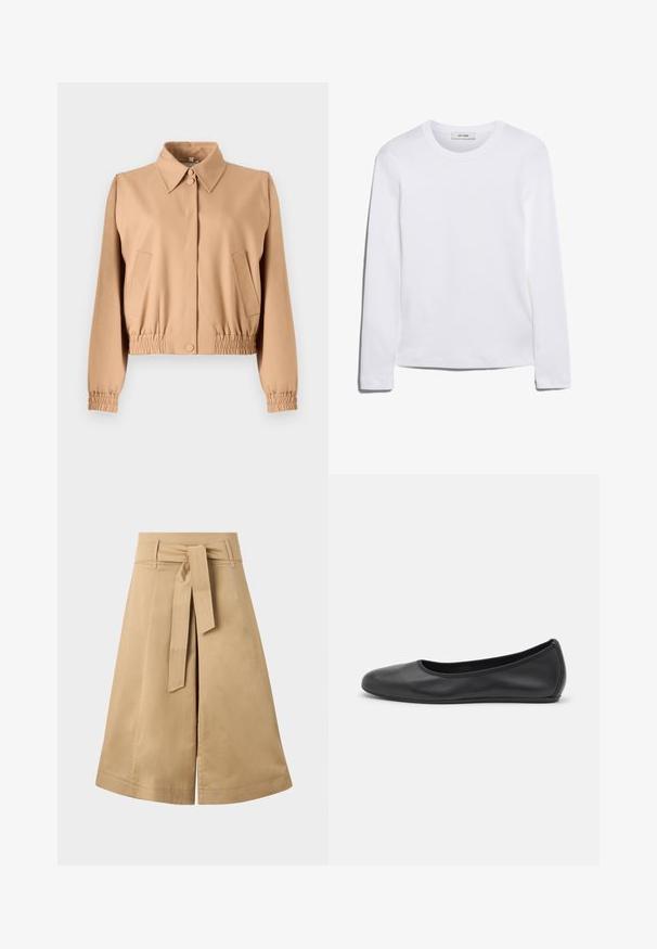 Beige, kort jakke med krage, frontlukking med knapper, elastisk midje og to sidelommer, laget av glatt, lett stoff.; Langermet hvit T-skjorte laget av ribbet bomull, med rund halslinning og rett kant. Enkel design uten mønstre eller aksenter.; Kaki midi omslagskjørt med bånd i midjen, laget av lett bomull, med en utpreget silhuett og synlige sømdetaljer.; Svart skinnballettflatt med rund tå, glatt tekstur, minimal sømdetalj, og et fleksibelt såledesign.