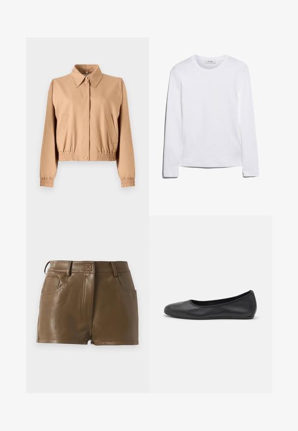 Beige, kort jakke med krage, frontlukking med knapper, elastisk midje og to sidelommer, laget av glatt, lett stoff.; Langermet hvit T-skjorte laget av ribbet bomull, med rund halslinning og rett kant. Enkel design uten mønstre eller aksenter.; Brune imitert skinnshorts med en tettsittende design, liv med belteholdere, frontlommer og synlige sømdetaljer.; Svart skinnballettflatt med rund tå, glatt tekstur, minimal sømdetalj, og et fleksibelt såledesign.
