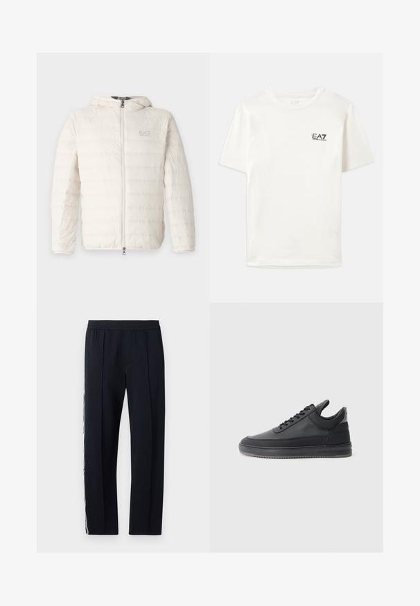 EA7 Emporio Armani TRAIN CORE JACKET - Dunjakke - whitecap gray; Hvit bomull t-skjorte med korte ermer, rund hals og en liten svart EA7-logo på venstre bryst. Glatt tekstur, standard passform.; Svart, tettsittende bukser med elastisk linning, med to sidelommer og med en hvit stripe som går ned langs ytterbeinet. Glatt tekstur.; svarte lær sneakers med en teksturert overflate, snøring, lav topp, og en grå gummi såle med en ribbet kant.