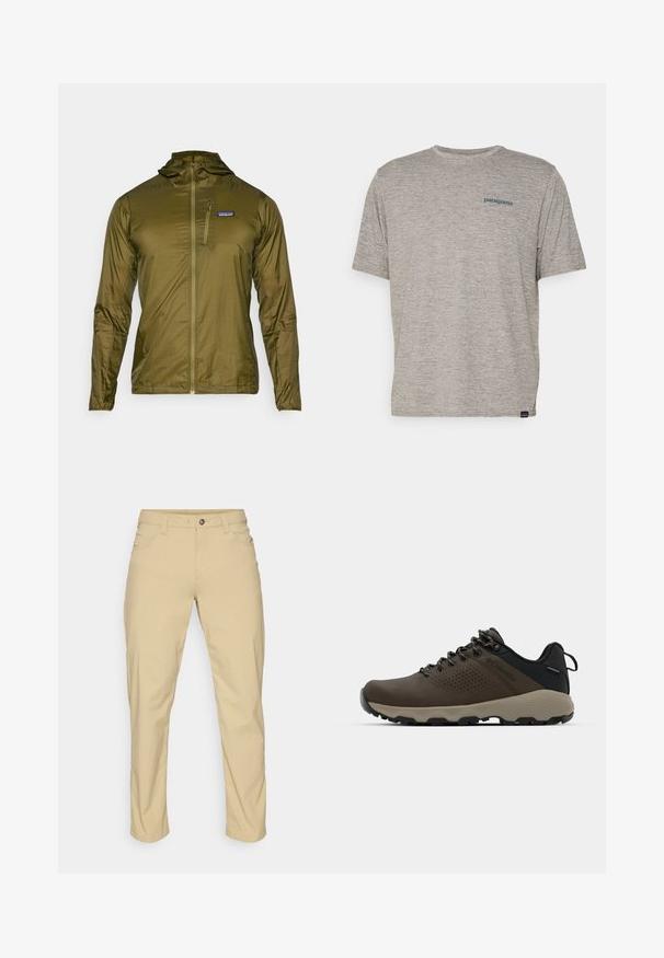 Olive green lightweight jacket with a hood, featuring a front zipper and a small chest pocket with a logo patch. Smooth, shiny texture.; Gray short-sleeve t-shirt made of soft, textured fabric featuring a small blue Patagonia logo on the left chest. No additional patterns.; Patagonia QUANDARY PANTS - Outdoor trousers - classic tan; Brown waterproof sneakers with a textured upper, perforated accents, black heel support, and a grey rubber sole. Laces are styled with metallic ends.