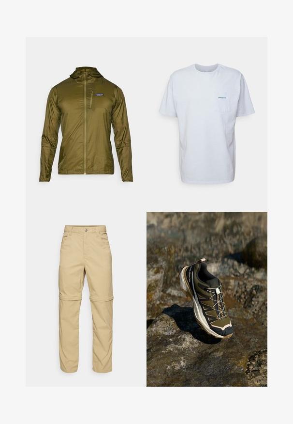 Oliwkowa, lekka kurtka z kapturem, z przodu na zamek błyskawiczny oraz małą kieszonką na piersi z naszywką z logiem. Gładka, błyszcząca tekstura.; Biała bawełniana koszulka z krótkim rękawem, okrągłym dekoltem i kieszonką na lewej piersi z niebieskim logo "Patagonia". Klasyczny krój o gładkiej fakturze.; Beżowe spodnie z zamkiem błyskawicznym, o gładkiej fakturze, z dwiema bocznymi kieszeniami, zapięciem na guzik i podwijanymi mankietami dla wszechstronności.; Buty trekkingowe w oliwkowym zielonym i czarnym kolorze z różowymi akcentami. Posiadają teksturowaną górę, elastyczną podeszwę, wzmocniony czubek oraz kolorowy system sznurowania.