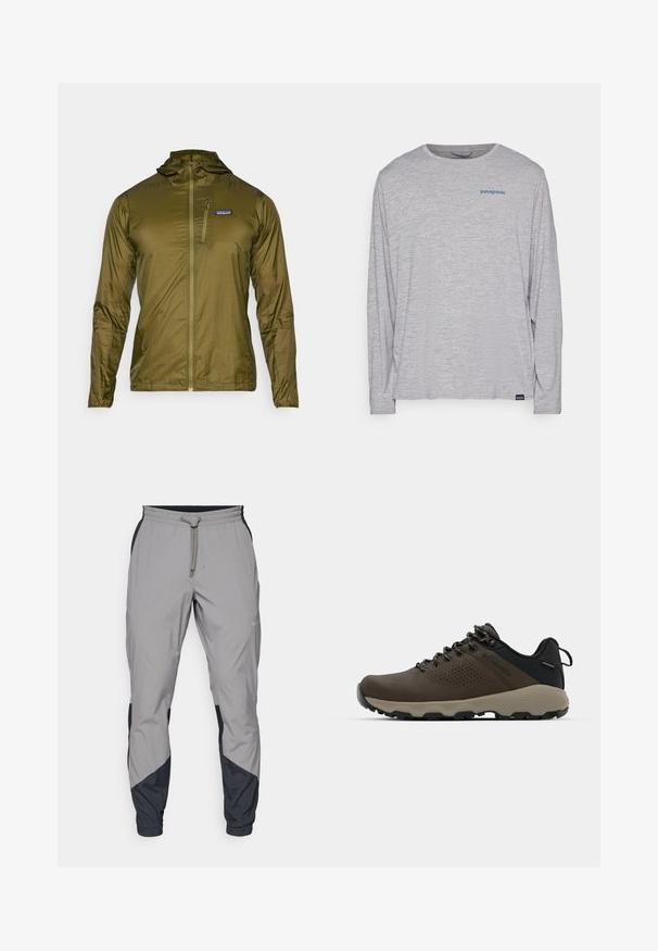 Casaco leve em verde oliva com capuz, apresentando um fecho frontal e um pequeno bolso no peito com um emblema. Textura suave e brilhante.; T-shirt de mangas longas cinza claro, feito de um tecido suave e texturizado. Apresenta um decote redondo e um pequeno logotipo azul da Patagonia no peito.; Calças de treino leves e cinzentas com detalhes pretos. Cintura elástica, fecho com cordão, design de perna afunilada e bolsos laterais.; Ténis impermeáveis castanhos com um upper texturizado, detalhes perfurados, apoio para o calcanhar preto e uma sola de borracha cinza. Os atacadores têm extremidades metálicas.