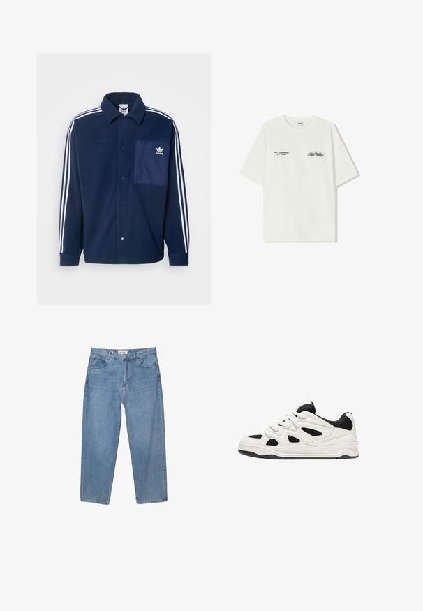 adidas Originals ADICOLOR POLAR FLEECE - Fleecejakke - night indigo; Hvid bomulds t-shirt med korte ærmer. Forsiden har sort tekst: "IKKE I MORGEN IKKE I DAG" og "KUNSTEN AT FLYTTE DIRT" i grøn skrift.; Lysblå denim jeans med lige ben, fem lomme-designet og et synligt mærkeetiket ved taljen.; Hvide og sorte atletik sko med en tekstureret sål, der har udskårede designs på siderne og snørebånd, samt en polstret hæl for støtte.