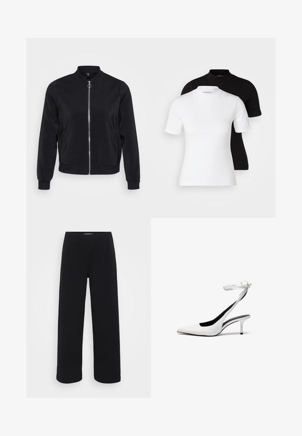 Čierna bomber bunda z hladkej tkaniny s rebrovaným golierom, manžetami na rukávoch a predným zipsom. Obsahuje bočné vrecká a minimalisticý dizajn.; Even&Odd Petite 2 PACK - Základné tričko - white/black; Čierne široké nohavice s elastickým pásom. Vyrobené z textúrovanej látky, s voľným strihom a rovným strihom od pásu po lem.; Biele lodičky s ostrou špičkou a otvorenou pätou, s tenkým remienkom okolo členku. Hladká kožená látka, tenký ihlový podpätok a čierne vnútorné podšívenie.