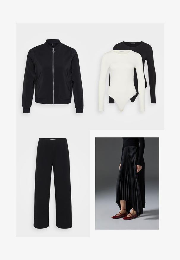 Mustan värvi bomber-jakk sileda kangaga, ribitud kaelusega, mansetiga varrukatega ning esi- tõmblukuga. Omab küljetaskuid ja minimalistlikku disaini.; Kaks pikkade varrukatega bodysuit'i, valge ja must. Valmistatud siledast kangast, ringkeskuste ja stringi allosa tõttu sujuvaks kandmiseks.; Mustad laiad püksid elastse vöökohtaga. Valmistatud tekstuurilisest materjalist, millel on lõtv istuvus ja sirge lõige puusadest heleni.; Mustmust seelik kõrgema ees- ja madalama taga servaga, kombineeritud läikivate punaste sussidega, millel on rihma kujundus. Kangas on sileda tekstuuriga.