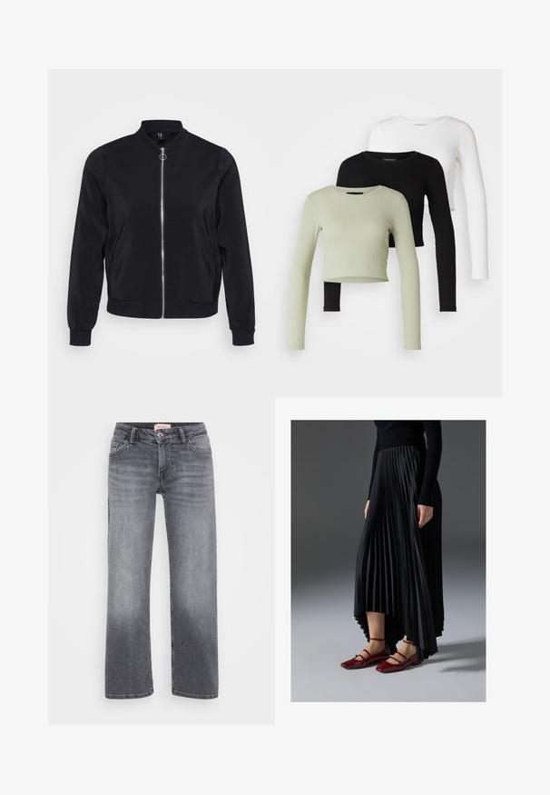 Casaco bomber preto em tecido liso com colarinho canelado, mangas com punhos e fecho frontal em zíper. Apresenta bolsos laterais e um design minimalista.; Even&Odd Petite 3 PACK - Camisola de manga comprida - black/white/light green; Jeans de ganga cinza com um design de perna reta, estilo de cinco bolsos, desbotamento subtil e fecho de botão na cintura.; Saia preta plissada com bainha assimétrica, combinada com sapatilhas vermelhas brilhantes com um design de tiras. O tecido tem uma textura suave.