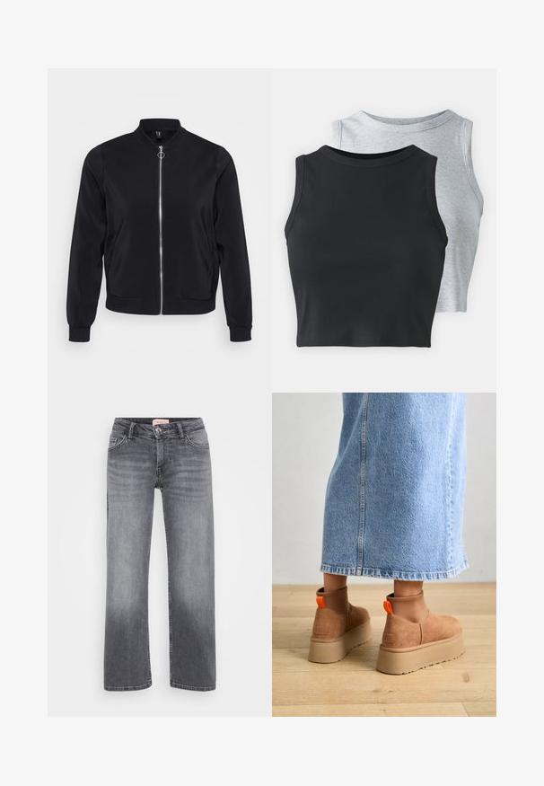 Juoda bomberio striukė iš lygaus audinio, su grotelėmis apykakle, motyvuotais rankovėmis ir priekiniais užtrauktukais. Turi šonines kišenes ir minimalistinį dizainą.; Even&Odd Petite 2 PACK - Viršus - light grey/black; Pilki džinsai su tiesiais džinsinių kojų dizainu, penkių kišenių stiliumi, subtiliu išblukimu ir sagčių uždarymu ties juosmeniu.; Rudos zomšiniai platforminiai batai su elastingomis šoniniais panirais ir oranžinėmis kilpomis, derinami su kelio ilgio šviesių džinsų sijonu ant medinių grindų.