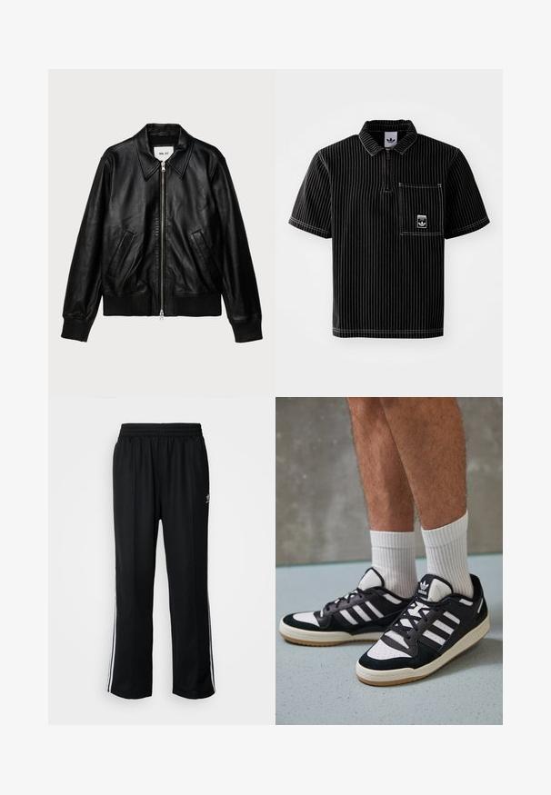 Melnas ādas jaka ar apkakles dekoltē, ar rāvējslēdzēju, ribotu apakšmalu un pieturām pie rokas, kā arī divām sānu kabatām. Gluda tekstūra, klasiskā dizaina.; Melnas īsām piedurknēm polo krekls ar priekšējo rāvējslēdzēju, baltām vertikālām svītrām, krūšu kabatu ar mazu logotipu un teksturētu audumu.; Melni sporta bikses ar elastīgu jostas vietu, kurām ir baltas sānu svītras un neliels logotips. Materiāls izskatās mīksts un viegls.; Melnas un baltas kedas ar zamša un ādas augšdaļu, kas aprīkotas ar trim baltām svītrām, perforētu purngali un gumijas zolēm.