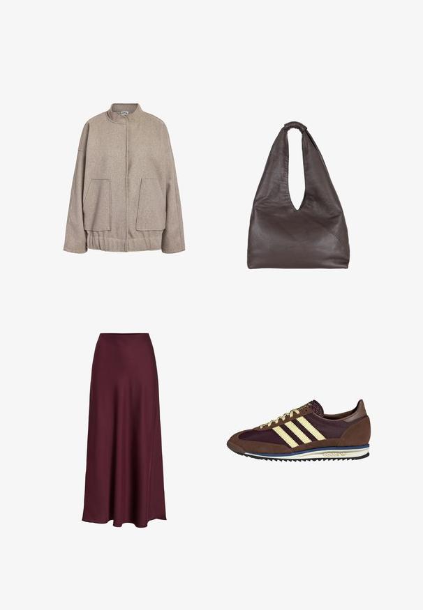 Taupe vilnos mišinys striukė su aukštu apykakle, nuleistais pečiais, didelėmis priekinėmis kišenėmis ir susiraukšlėtu apdailu. Lygus paviršius, laisvas siluetas.; Pilkas džemperis su žodžiu "PARIS" storu šviesiai mėlynu šriftu priekyje. Turi apvalų kaklą ir gysloto dizaino rankogalius bei apačią.; Bordo satino sijonas iki žemės su glotnia tekstūra, aukštu liemeniu ir laisva siluetu, kuris švelniai plečiasi link apatinio krašto.; Rudi ir burgundiški sportbačiai, pagaminti iš suedės ir tinklinės medžiagos, su trimis grietinėlės spalvos juostelėmis, tekstūruota medžiaga ant liežuvėlio ir guminis padas.; Rudas odinė rankinė su krentančiu, dideliu dizainu. Pasirinkta kilpos rankena ir gili V-formos ertmė patogiam prieigai. Minkštas audinys, minimalistinis stilius.