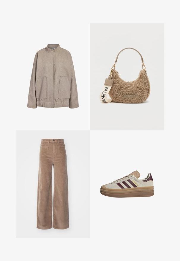 Taupe ullblandad jacka med hög krage, sänkta axlar, stora framfickor och en samlad nederkant. Slät textur, avslappnad passform.; Beige stickad tröja med långa raglanärmar och ribbade muddar och nederkant, liggande platt på en ljus bakgrund.; ONLY HOPE GLOBAL HW EBBA POCKETS - Tygbyxor - fossil; Beige mockaskor med vinröda ränder, vita detaljer, en kraftig genomskinlig sula och upphöjd märkning på sidan. Snörningsdesign.; Brun texturerad handväska i plyschmaterial med en böjd form, kort handtag och en avtagbar rem med "VALENTINO" tryckt.